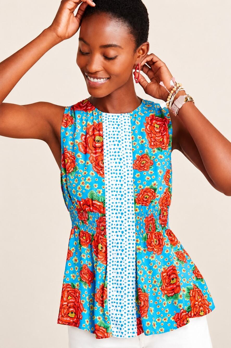 Anthropologie Farm Rio Zinnia Smocked Peplum Floral Top Sleeveless Women's Small